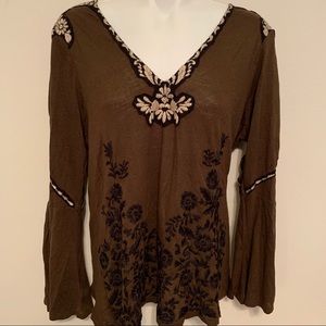 Lucky Brand Olive green embroidered v-neck blouse